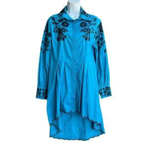 $225 ROJA Embroidered Tunic Dress Long Sleeve Floral Blue Hi-low Southwestern M